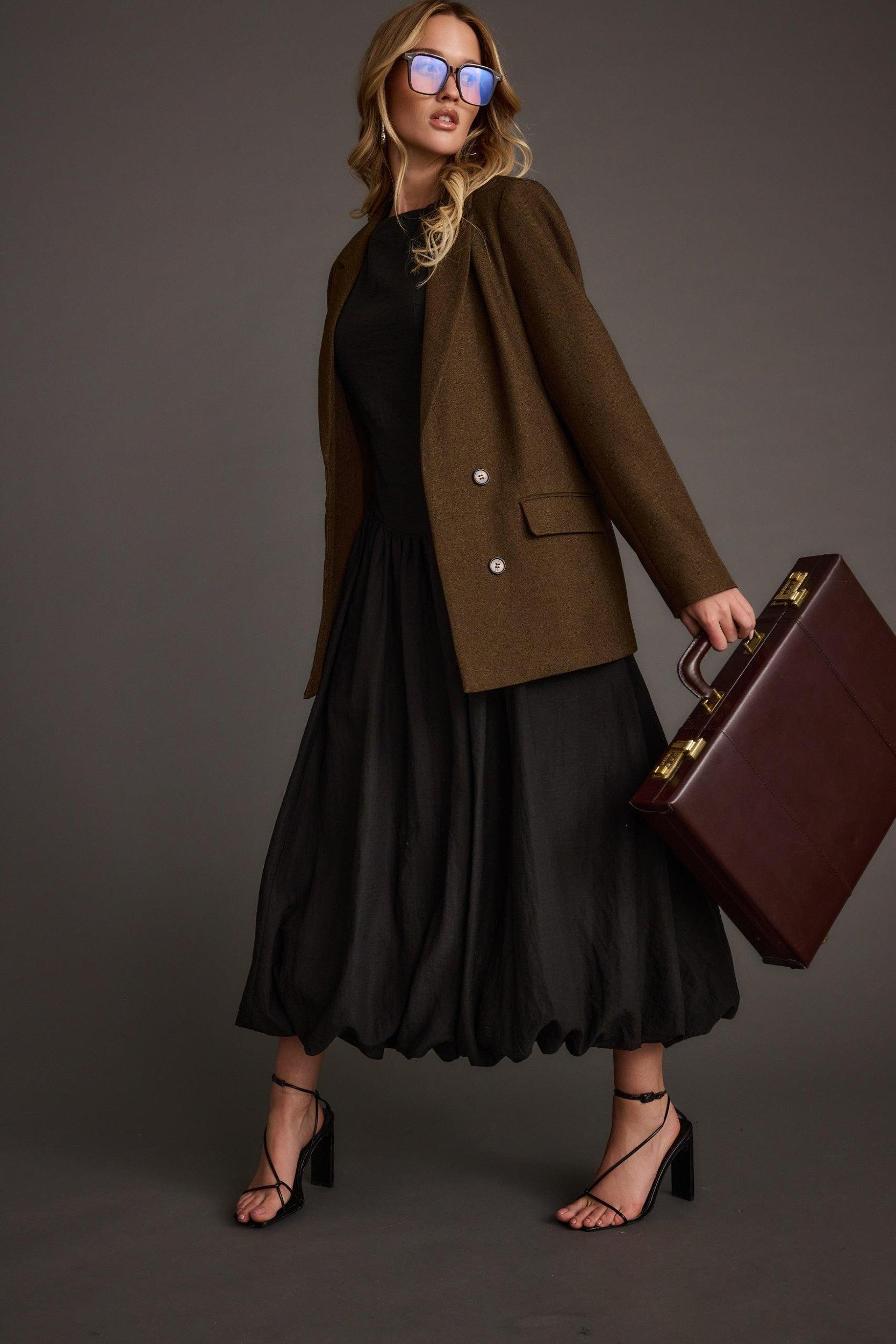 Kate Black Drop Waist Bubble Hem Midi Dress Product Image