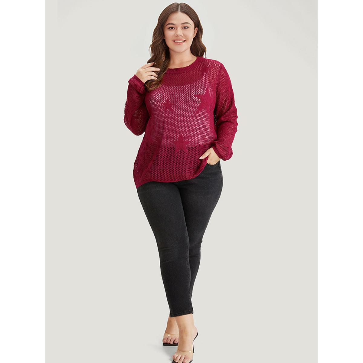 Plus Size Star Pattern Lantern Sleeve Hollow Out Pullover Raspberry Women Casual Long Sleeve Round Neck Everyday Pullovers BloomChic 22-24/3X Product Image