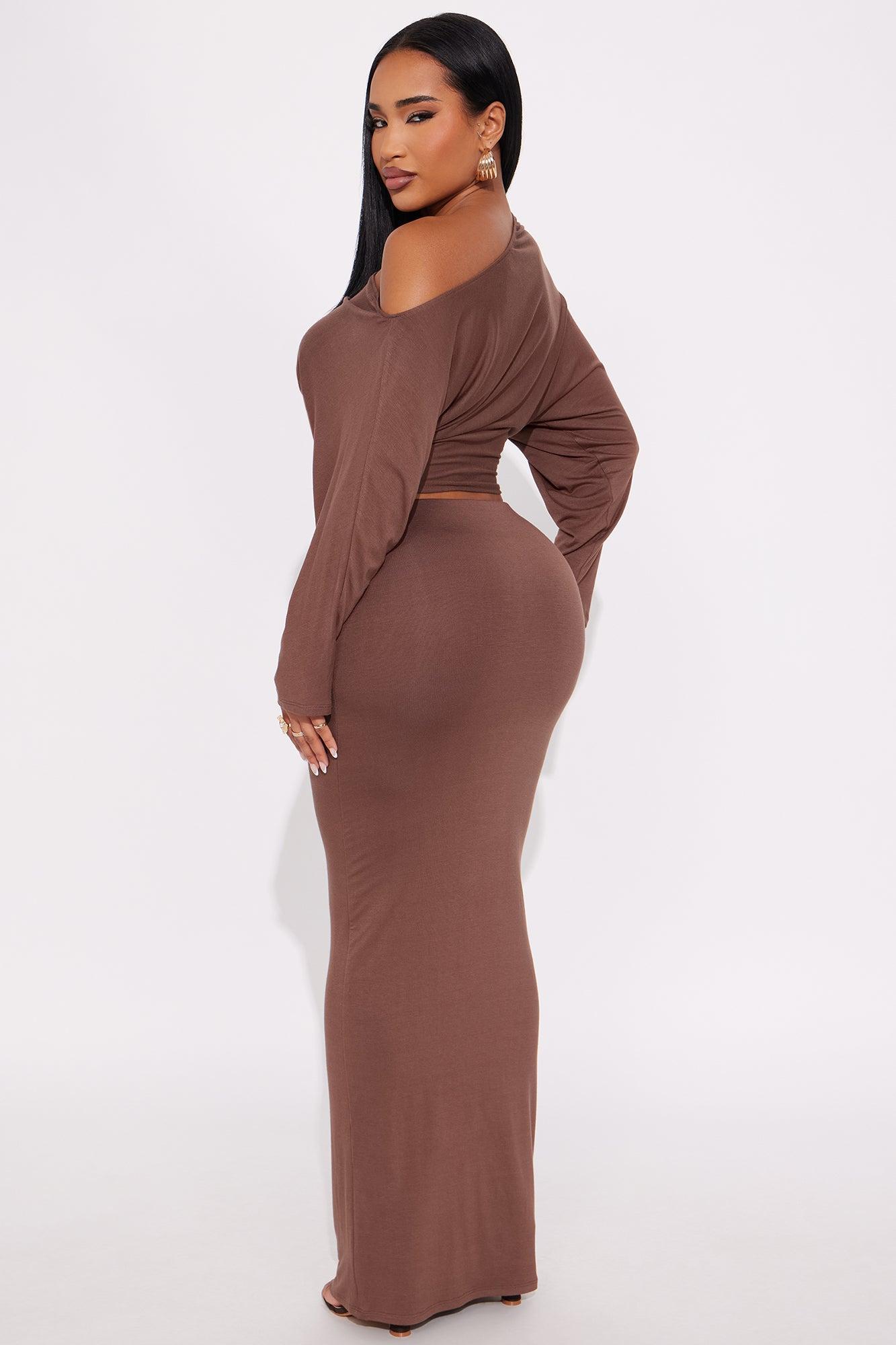 Meena One Shoulder Maxi Skirt Set - Brown Product Image