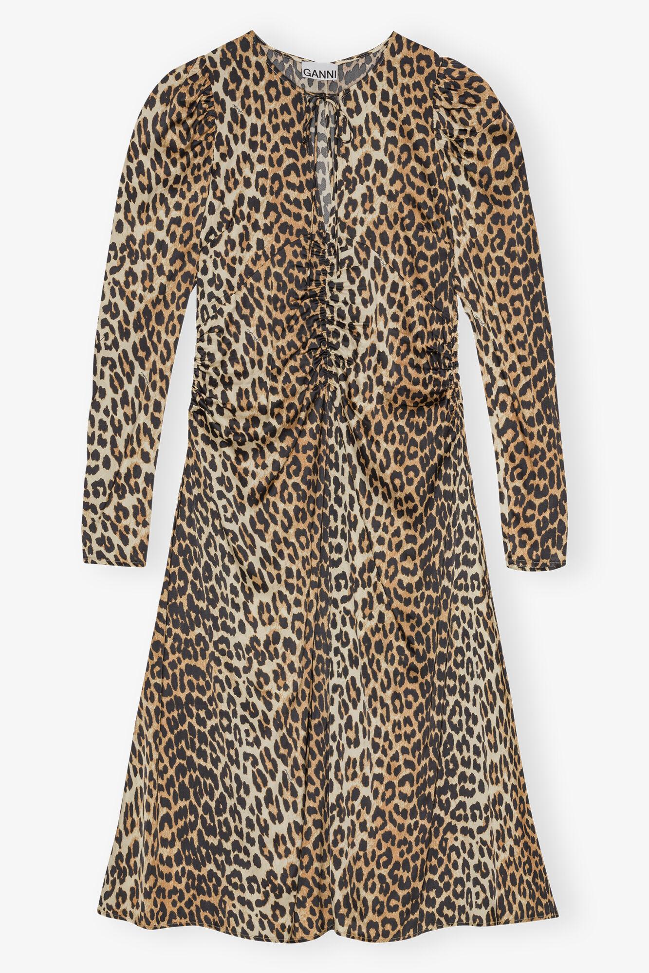 Leopard Print Satin Ruched Midi Dress Product Image