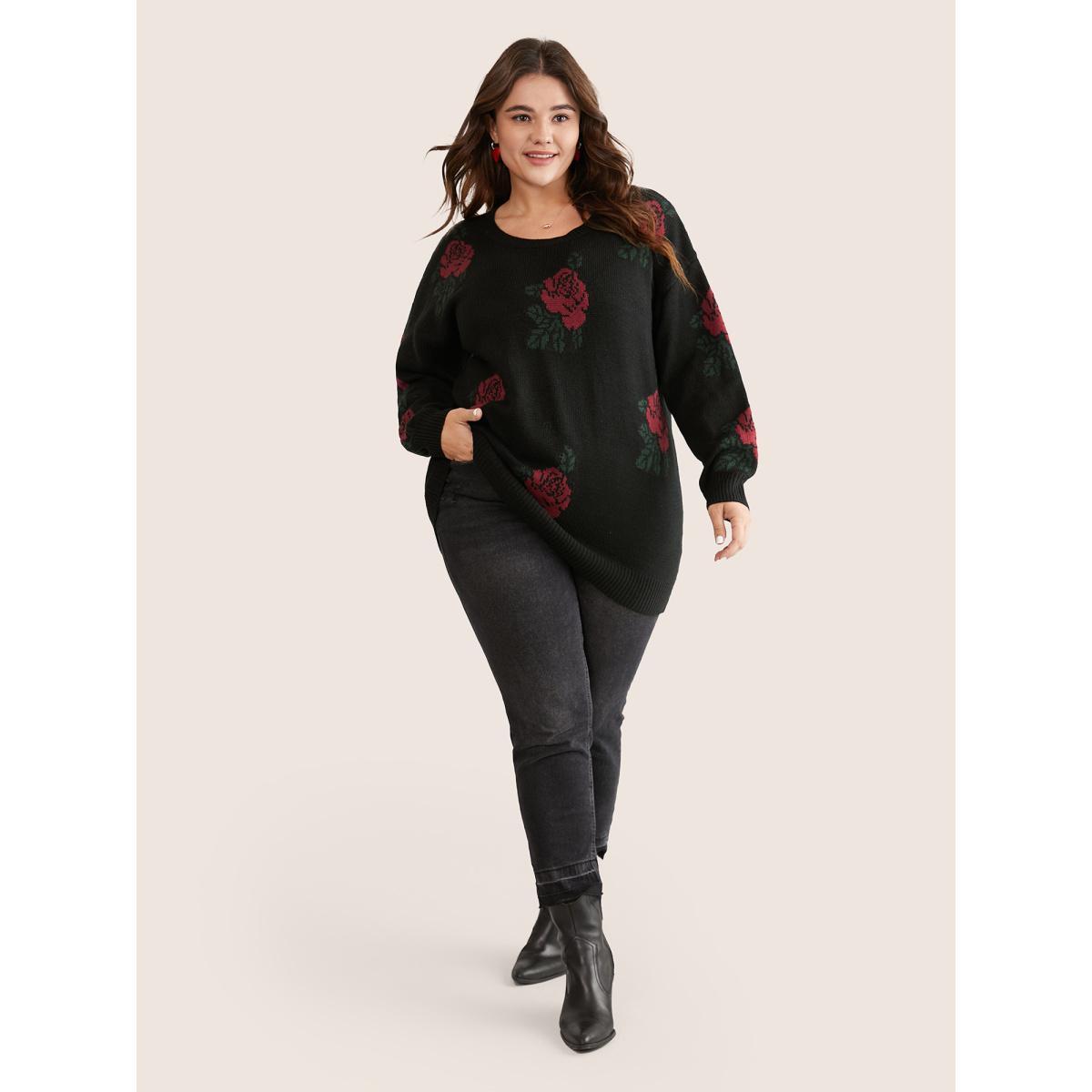 Plus Size Rose Jacquard Crew Neck Drop Shoulder Pullover Black Women Casual Long Sleeve Round Neck Everyday Pullovers BloomChic 12/L Product Image