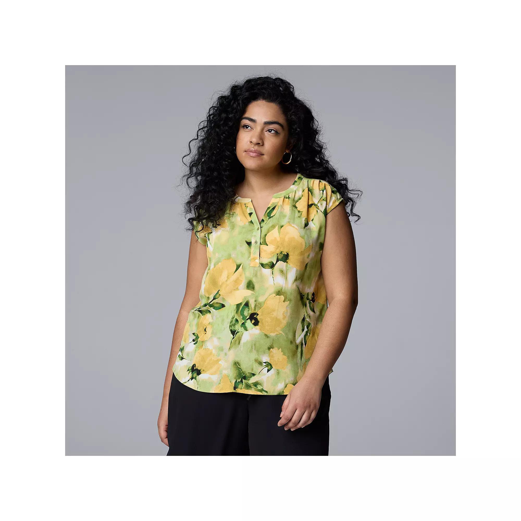 Plus Size Simply Vera Vera Wang Short Dolman Sleeve Popover Blouse, Women's, Size: 0X, Yellow Lt Green Floral Product Image