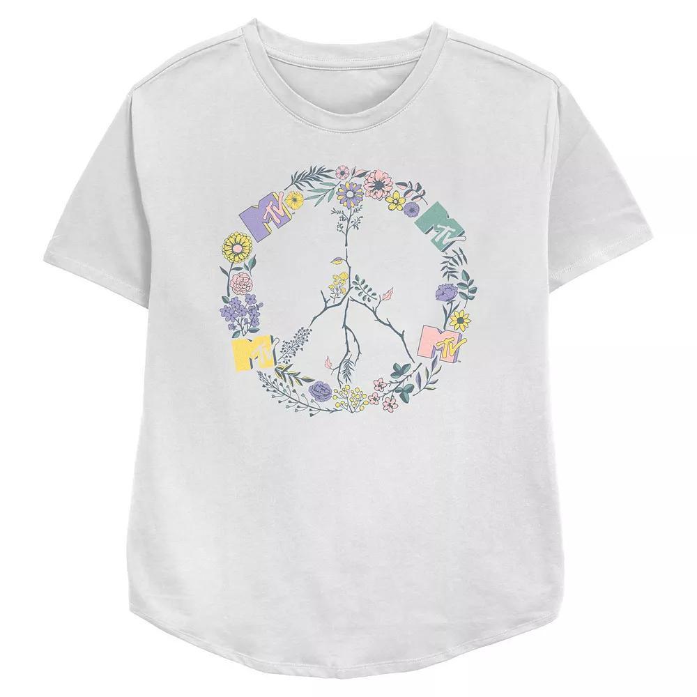 Women's MTV Floral Peace Symbol Relaxed Fit Graphic Tee, Size: XL, White Product Image