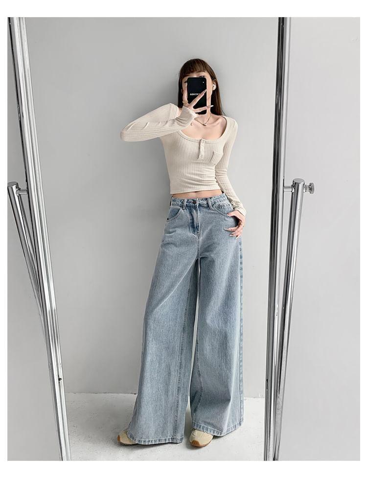 Washed Straight-Cut Loose Jeans Product Image