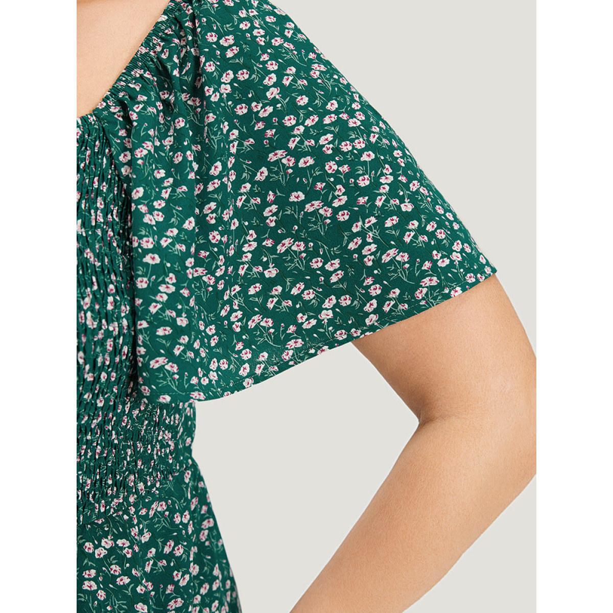 Plus Size Ditsy Floral Shirred Bowknot Pocket Wrap Hem Dress Teal Women Elegant Wrap Square Neck Short sleeve Curvy Midi Dress BloomChic 10/M Product Image