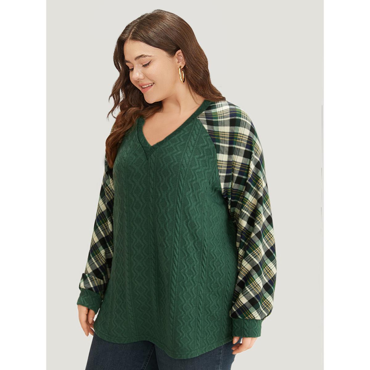 Plus Size Plaid Raglan Sleeve Patchwork Texture Sweatshirt Women DarkGreen Casual Elastic cuffs V-neck Dailywear Sweatshirts BloomChic 30/6X Product Image