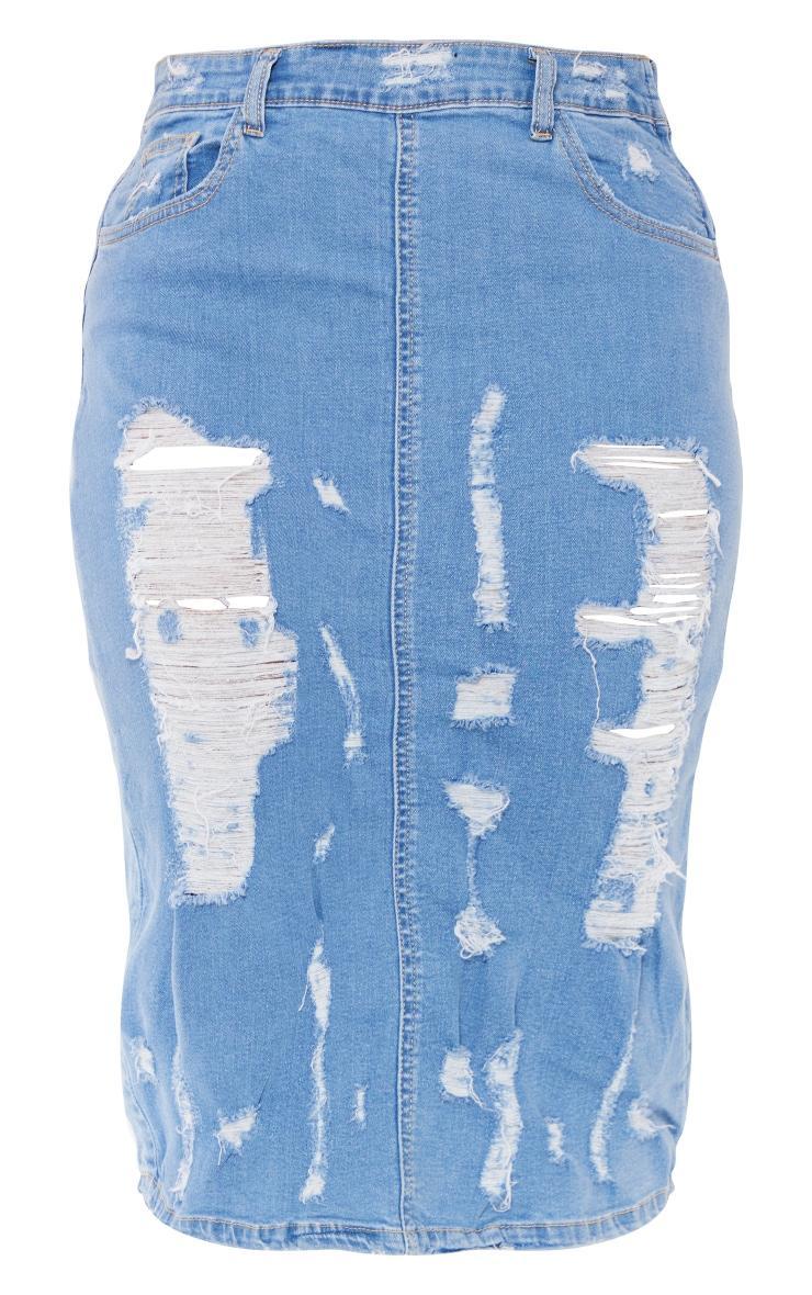 Shape Blue Stretch Denim Frayed Detail Midi Skirt Product Image