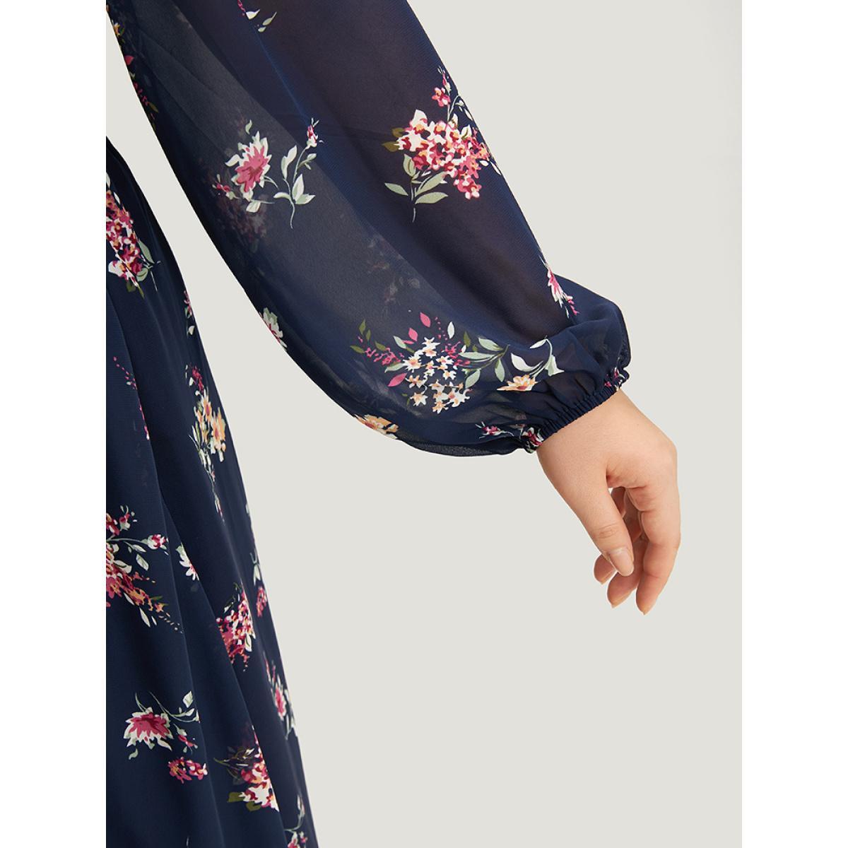 Plus Size Floral Print Surplice Neck Lantern Sleeve Mesh Dress DarkBlue Women Elegant Elastic cuffs V-neck Long Sleeve Curvy Midi Dress BloomChic 28/5X Product Image