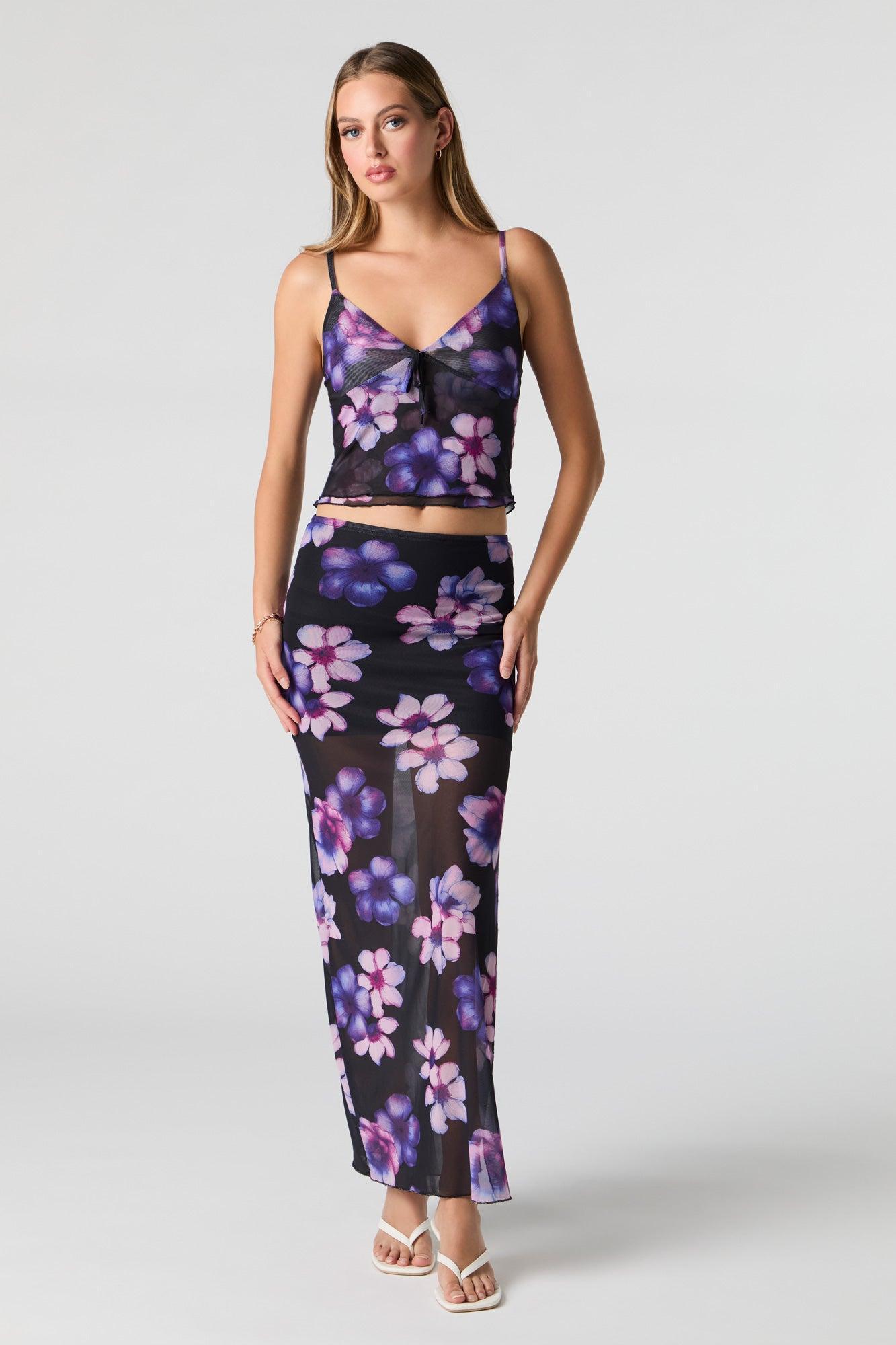 Floral Mesh Slit Maxi Skirt Female Product Image