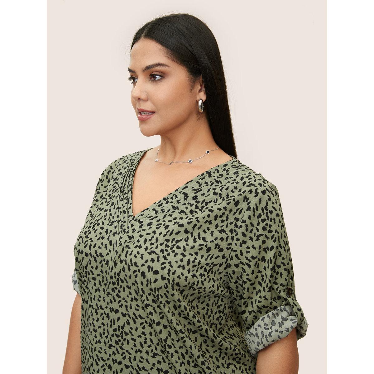 Plus Size ArmyGreen Leopard Print Pleated Tab Sleeve Blouse Women At the Office Elbow-length sleeve V-neck Work Blouses BloomChic 30/6X Product Image
