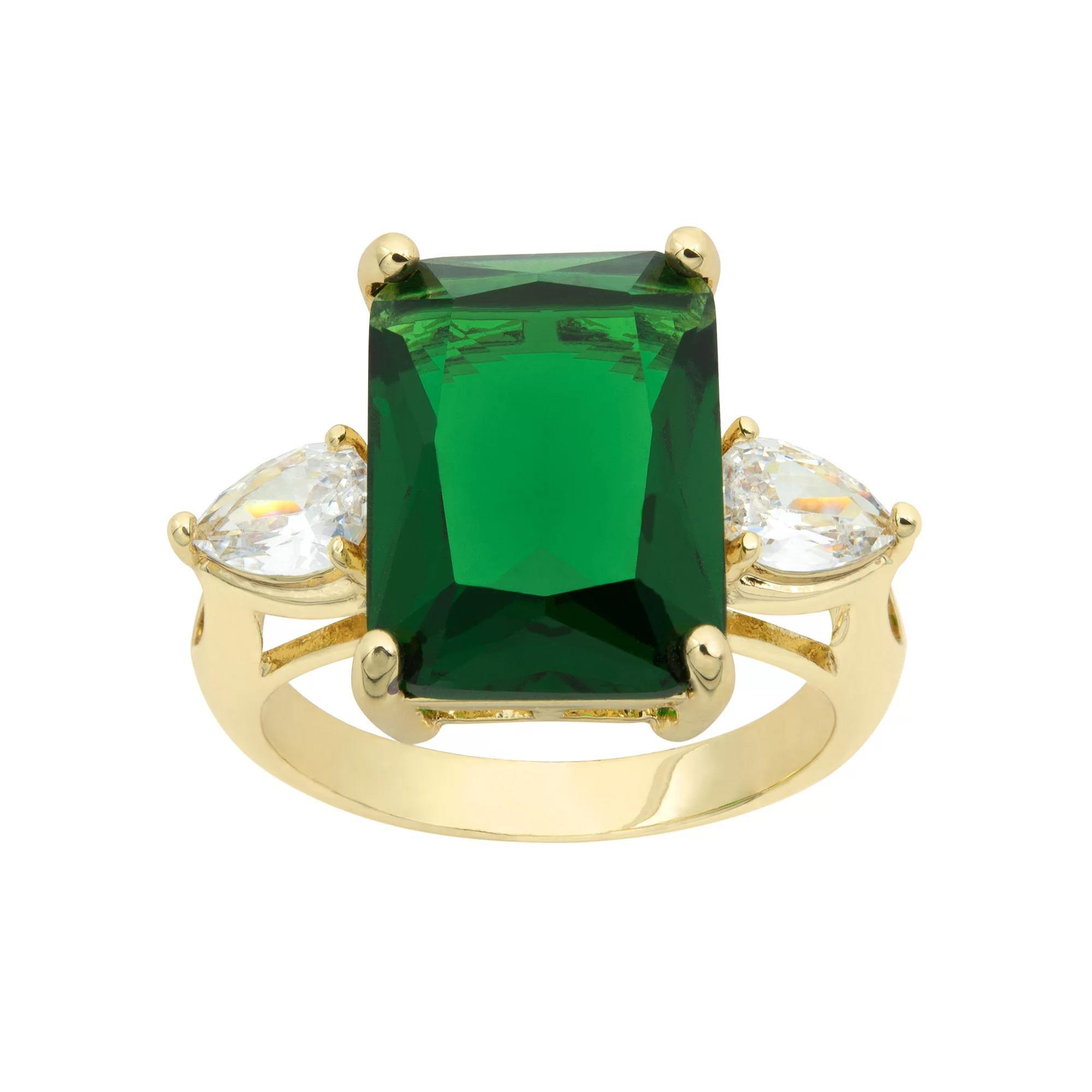 City Luxe Gold Tone Large Emerald Cut Green Crystal & Clear Cubic Zirconia Ring, Women's, Size: 7, Gold Tone Green Product Image