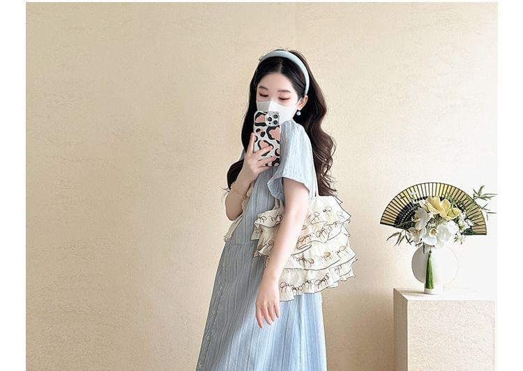 Maternity Short-Sleeve V-Neck Striped Button Down Maxi A-Line Dress Product Image
