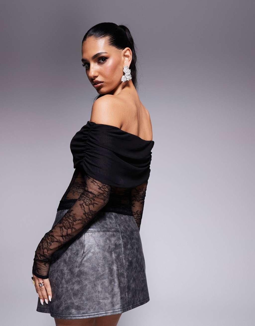 ASOS DESIGN lace top with mesh fold-over bardot in black Product Image
