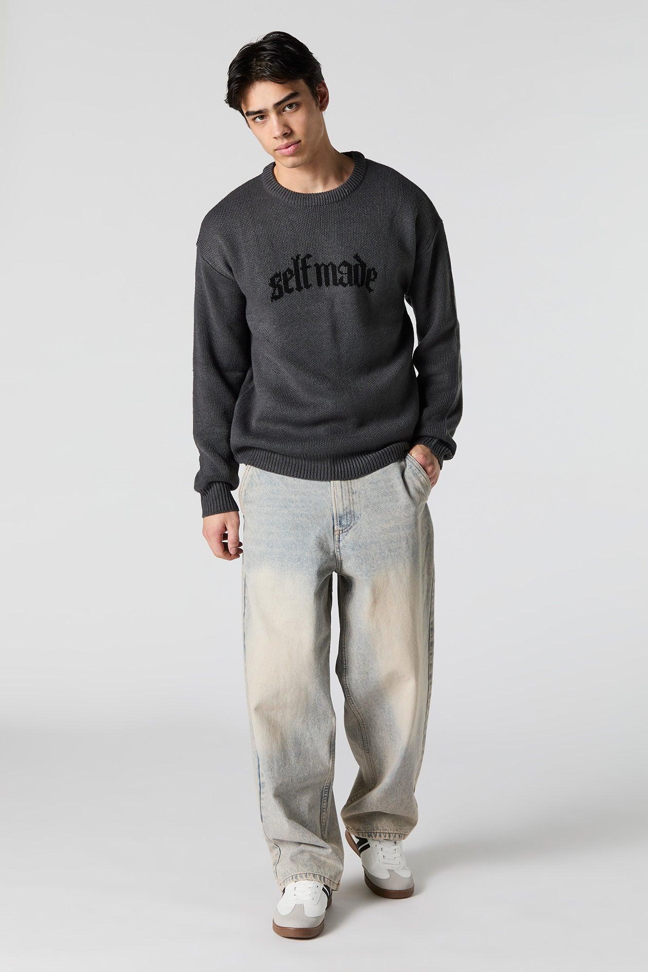 Gothic Text Jacquard Knit Sweater Male Product Image