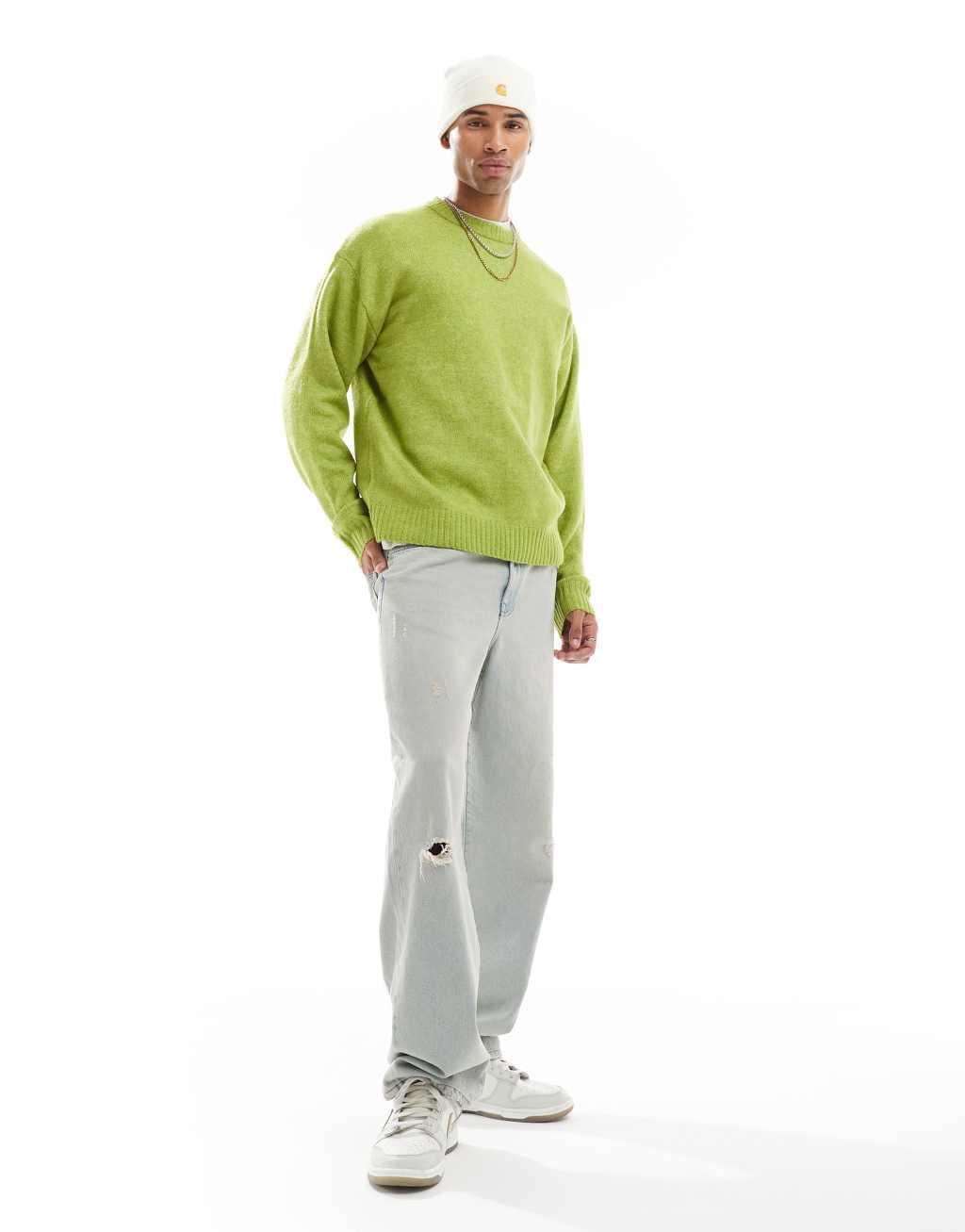 Jack & Jones oversized fluffy crew neck sweater in lime green Product Image