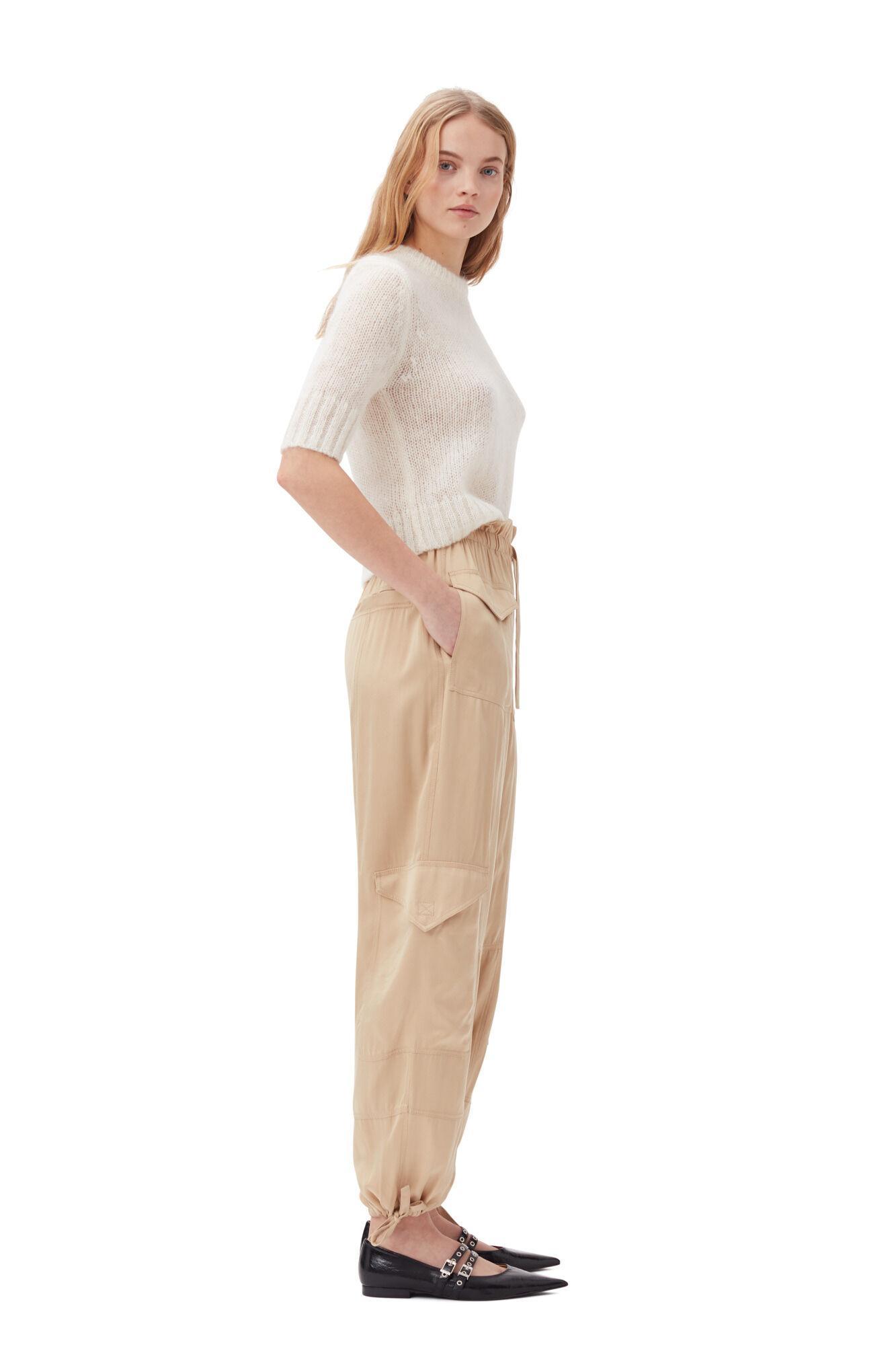 Beige Washed Satin Pocket Trousers Product Image