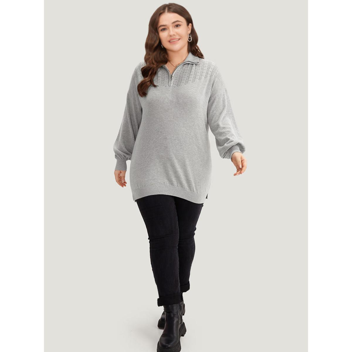 Plus Size Plain Lapel Collar Plisse Zipper Pullover LightGray Women Casual Loose Long Sleeve Lapel Collar Dailywear Pullovers BloomChic 22-24/3X Product Image