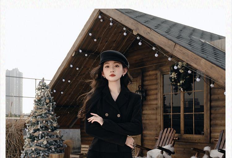 Lapel Collar Plain Double Breasted Crop Blazer / High Waist Plain Maxi Mermaid Skirt / Mini Skirt / Set Product Image