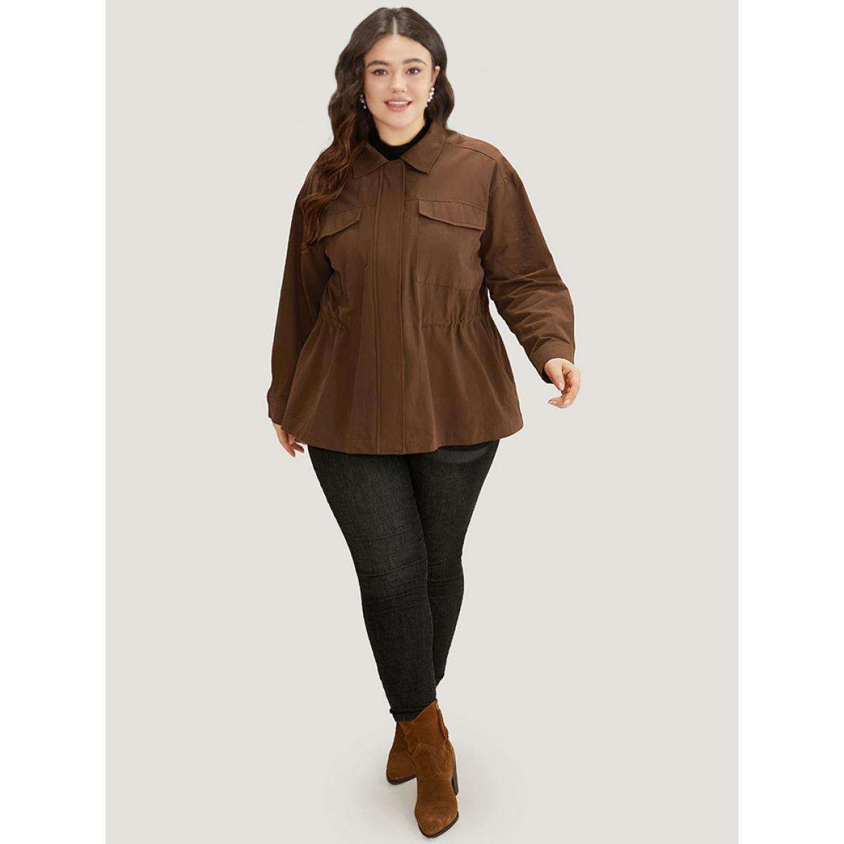 Plus Size Plain Flap Pocket Gathered Coat Women Maroon Casual Gathered Ladies Dailywear Winter Coats BloomChic 30/6X Product Image