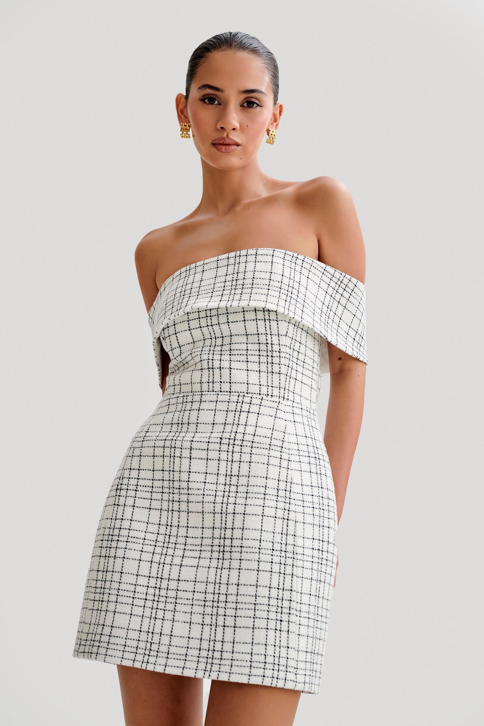 Helena Tweed Off Shoulder Mini Dress - White Check Product Image