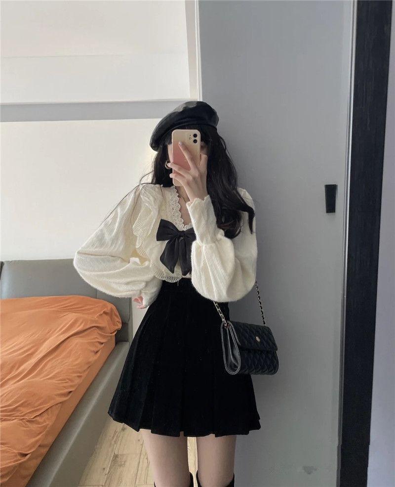 Long-Sleeve Ruffled Bow Blouse / Pleated Mini A-Line Skirt Product Image