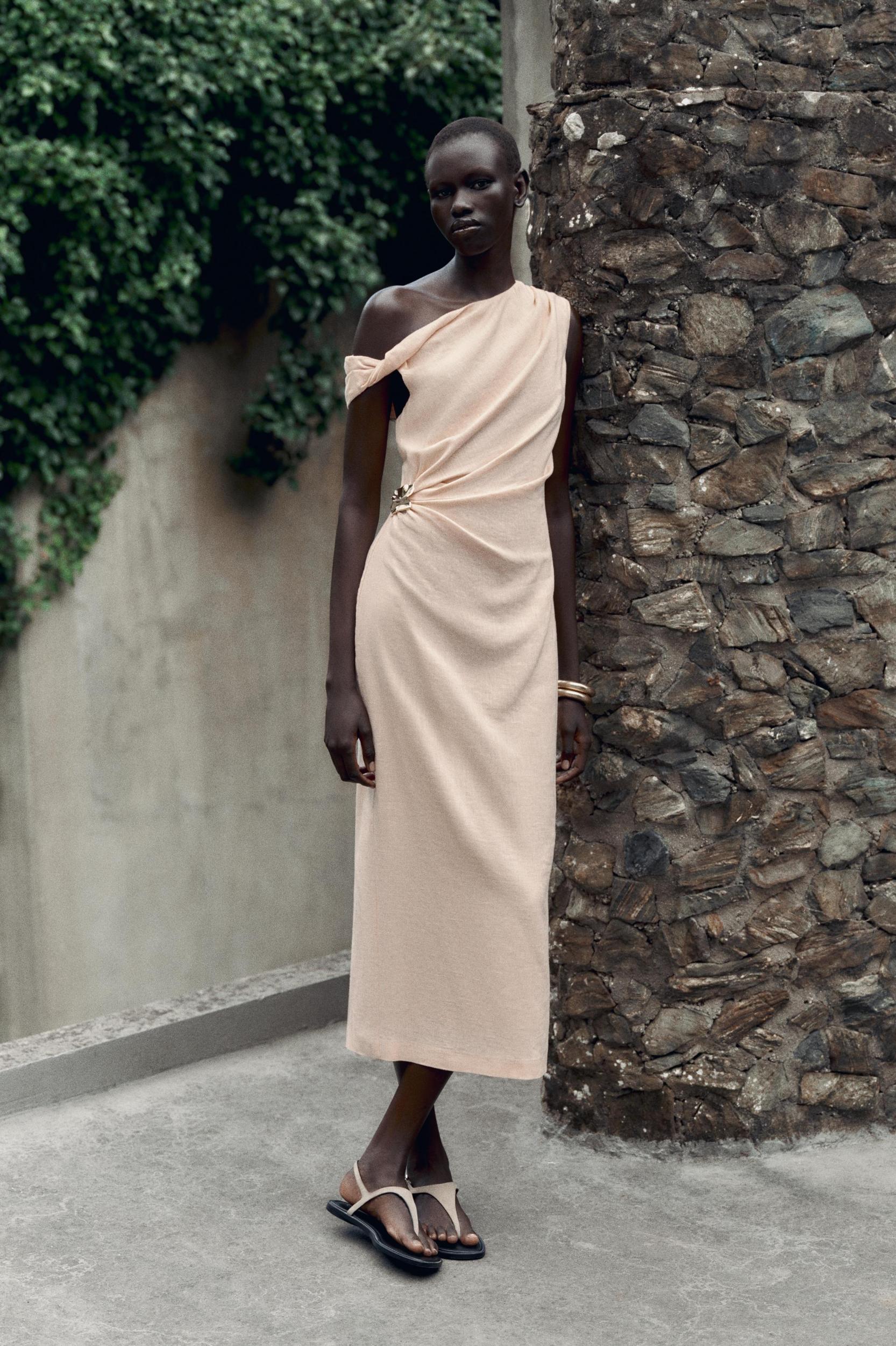 ASYMMETRIC LINEN-BLEND MIDI DRESS WITH APPLIQUÉ Product Image