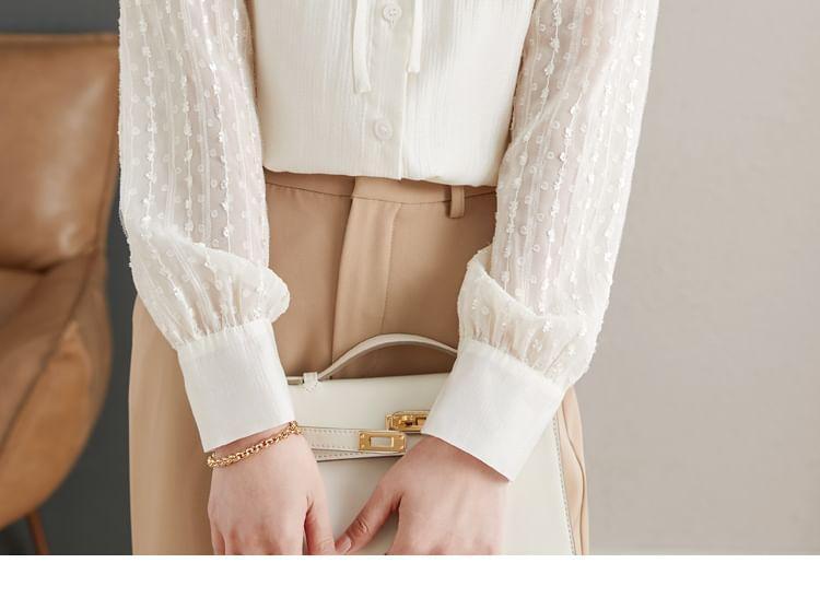 Long-Sleeve Stand Collar Jacquard Frill Trim Tie Front Button-Up Blouse Product Image