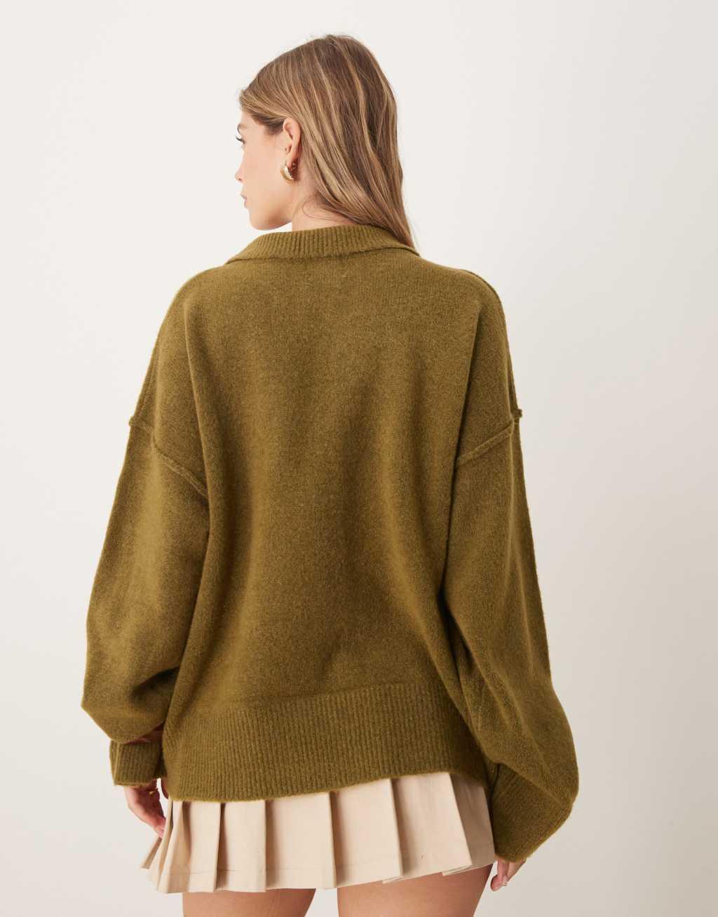 ASOS DESIGN knitted collar shirt cardigan with seam detail in khaki Product Image