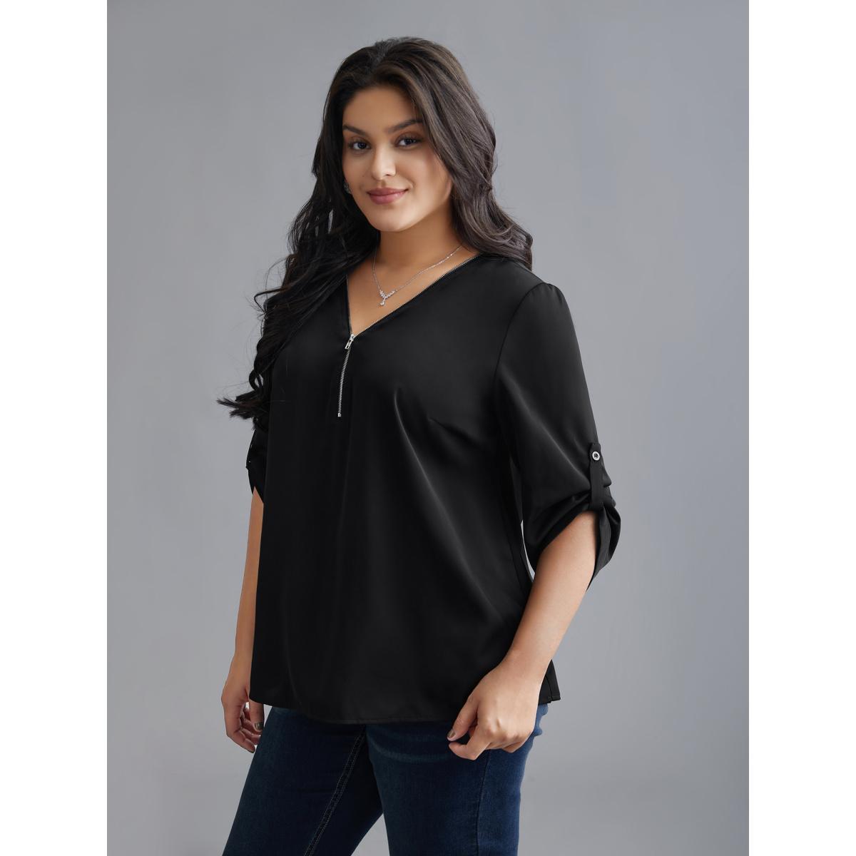 Plus Size Black Plain V Neck Half Zip Tab Sleeve Blouse Women Elegant Elbow-length sleeve V-neck Everyday Blouses BloomChic 30/6X Product Image