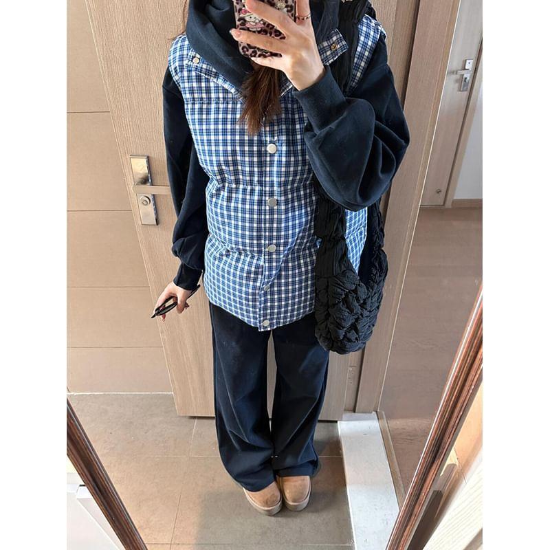 Stand Collar Plaid Button Puffer Vest Product Image