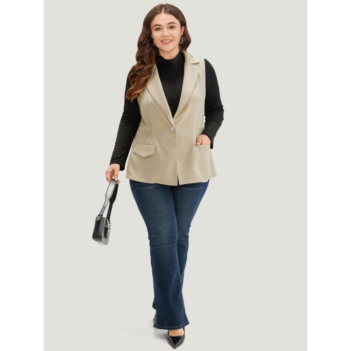Plus Size Plain Suit Collar Pocket Sleeveless Blazer Beige Women Work Plain Plain Sleeveless Sleeveless Lapel Collar 12/L Pocket Office Blazers BloomChic Product Image