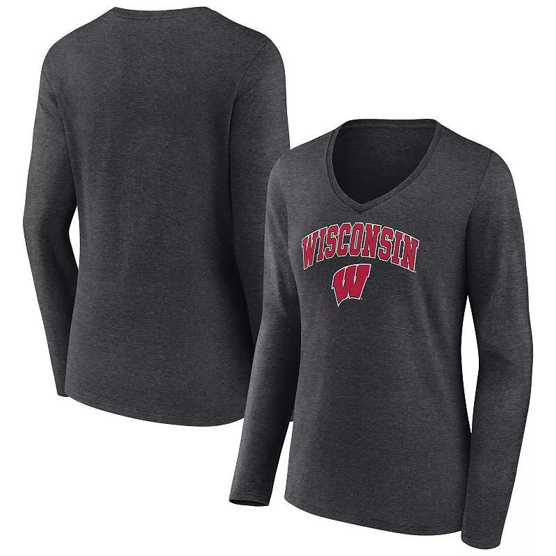 Womens Fanatics Branded Heather Charcoal Wisconsin Badgers Evergreen Campus Long Sleeve V-Neck T-Shirt Product Image