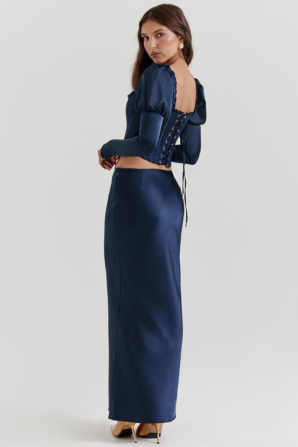 Charlene  navy satin bias cut maxi skirt - sale Product Image
