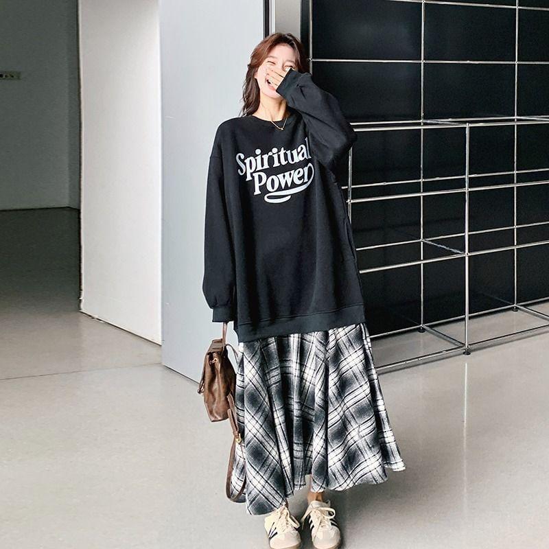 Long-Sleeve Crew Neck Lettering Mock Two-Piece Maxi Sweatshirt Dress Product Image