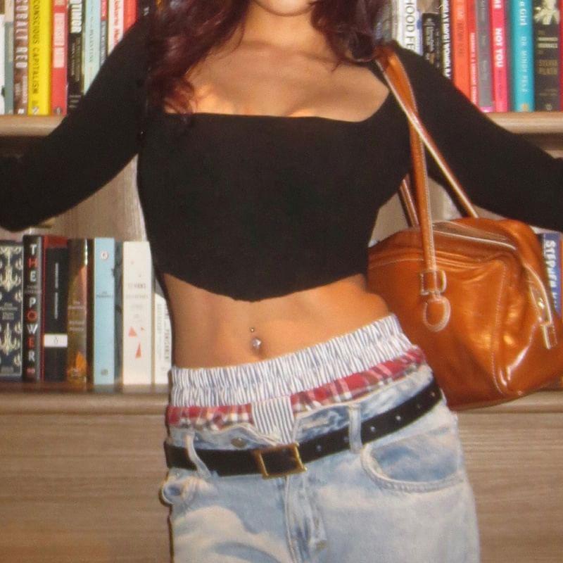 Long Sleeve Square Neck Plain Fluffy Crop T-Shirt Product Image