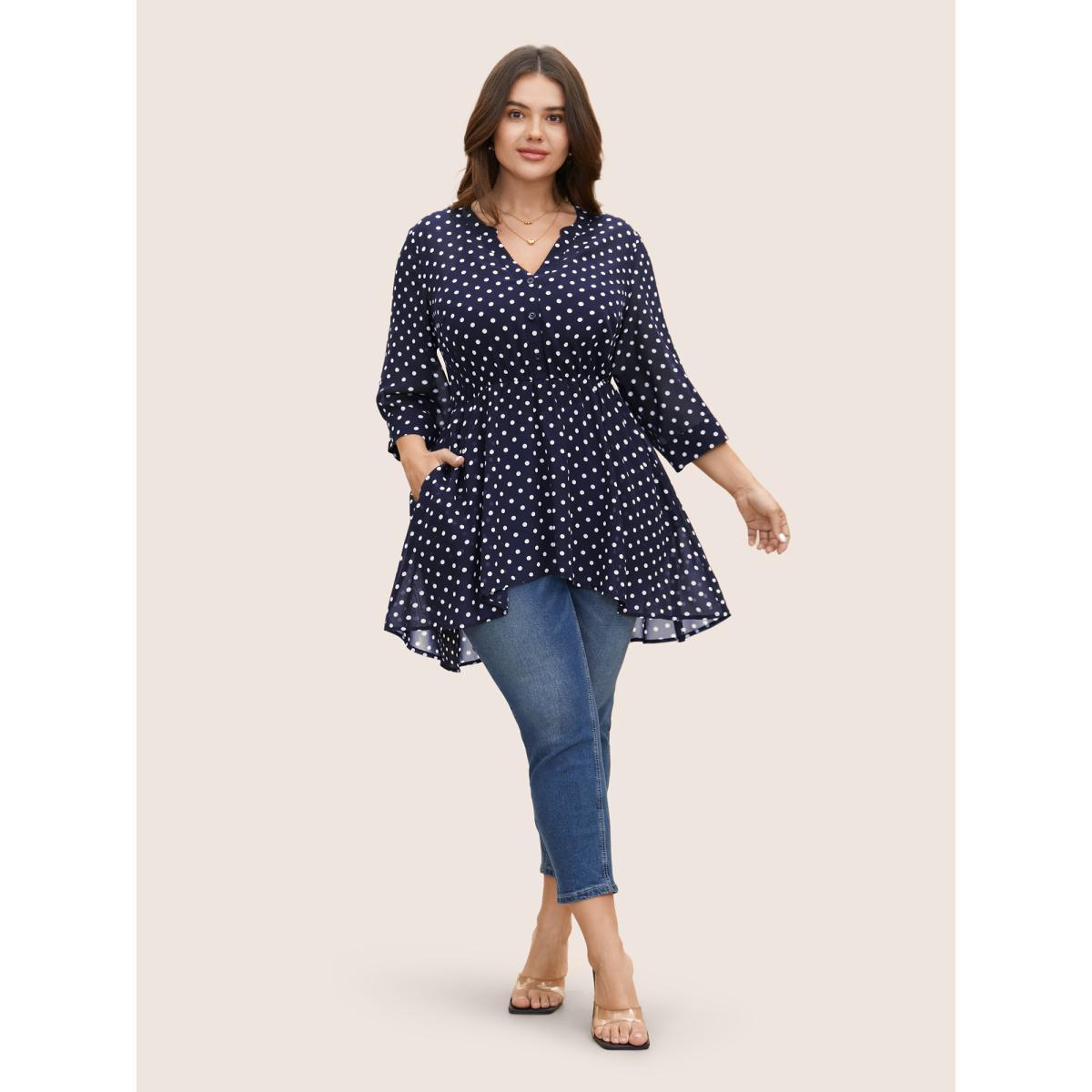 Plus Size Indigo Chiffon Polka Dot Button Detail Blouse Women Elegant Elbow-length sleeve Flat collar with V-notch Everyday Blouses BloomChic 18-20/2X Product Image
