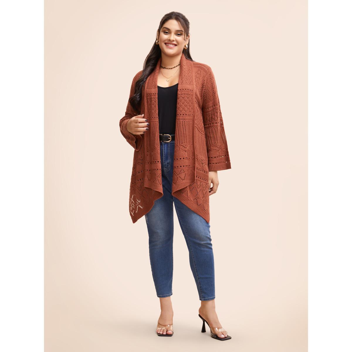 Plus Size Texture Cut Out Bell Sleeve Cardigan Rust Women Resort Loose Long Sleeve Vacation Cardigans BloomChic 18-20/2X Product Image