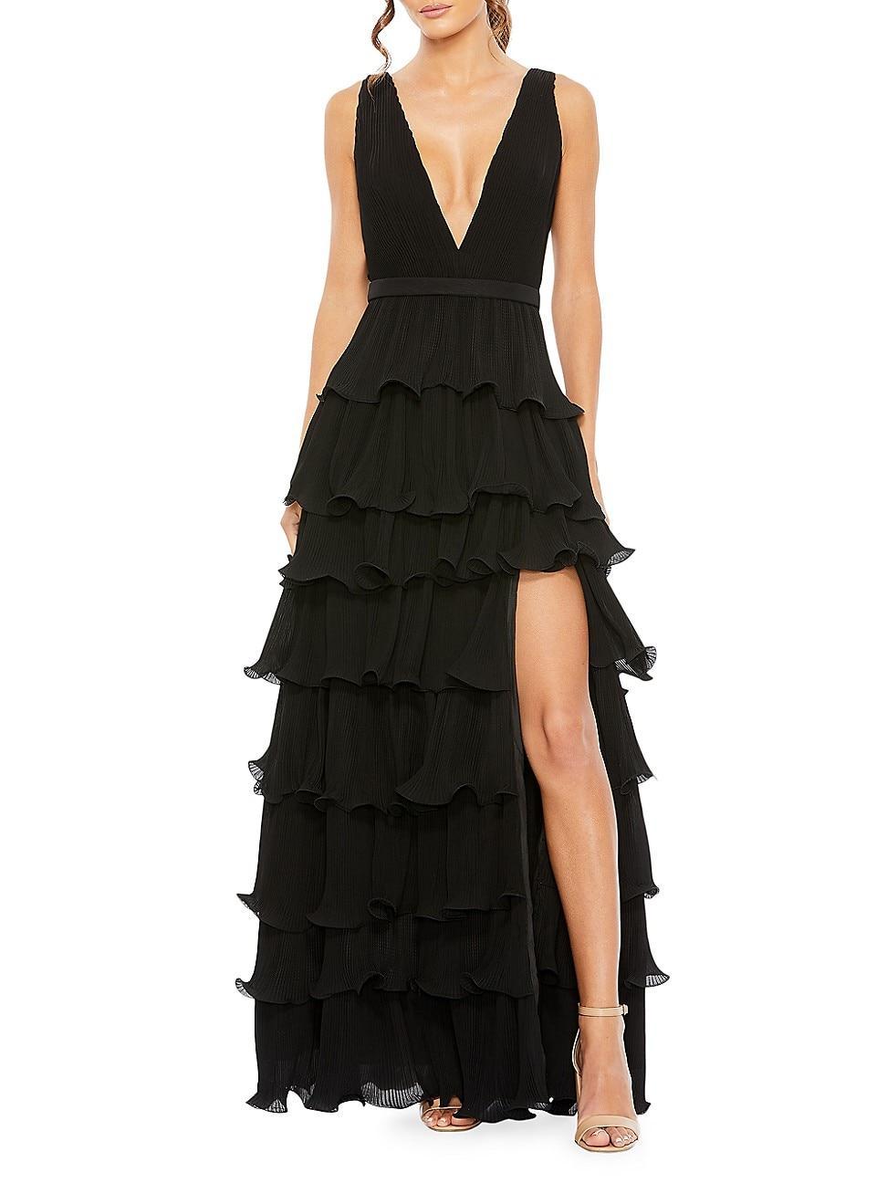 Mac Duggal Deep V-Neck Sleeveless Ruffle Tiered Thigh High Slit Gown Product Image