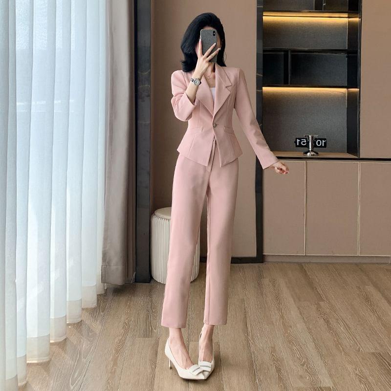 Notch Lapel Plain Single Breasted Blazer / High Waist Cropped Straight Leg Suit Pants / Set Product Image