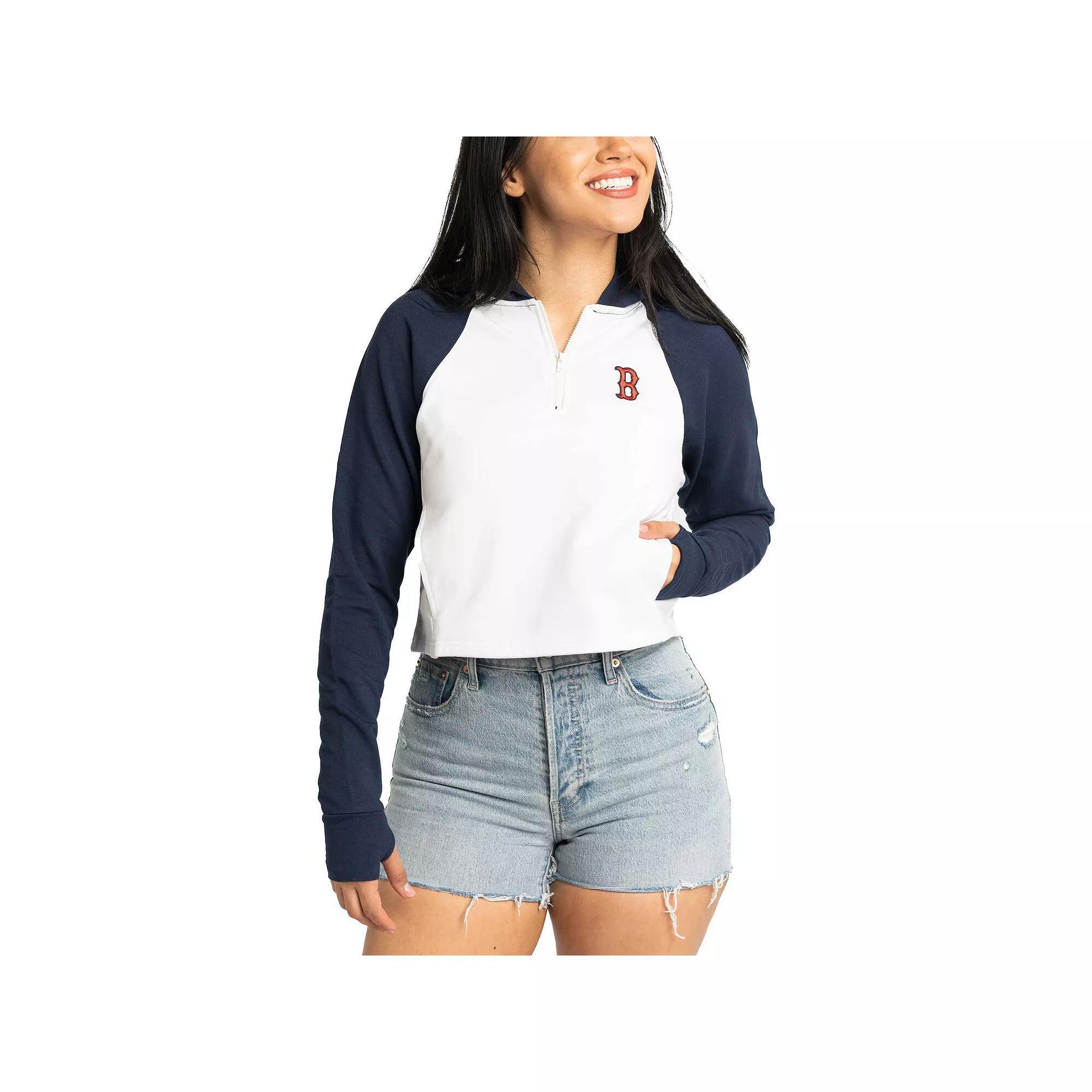 Women's Lusso White Houston Astros Jane Raglan Quarter-Zip Tri-Blend Cropped Pullover Hoodie, Size: Large Product Image