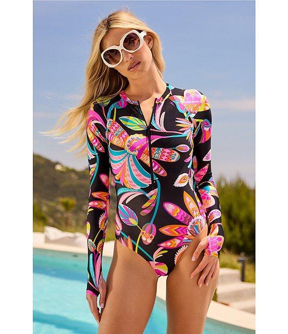 Trina Turk Luminary Printed High Neck Long Sleeve Front Zip Paddle One Piece Swimsuit Product Image