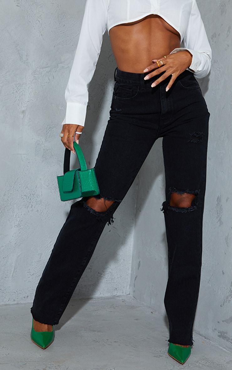 Washed Black High Rise Ripped Straight Leg Jeans Product Image