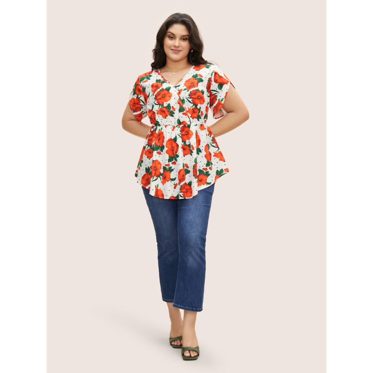 Plus Size Raspberry Overlap Collar Floral Elastic Waist Petal Sleeve Blouse Women Elegant Short sleeve Overlap Collar Everyday Blouses BloomChic 14-16/1X Product Image