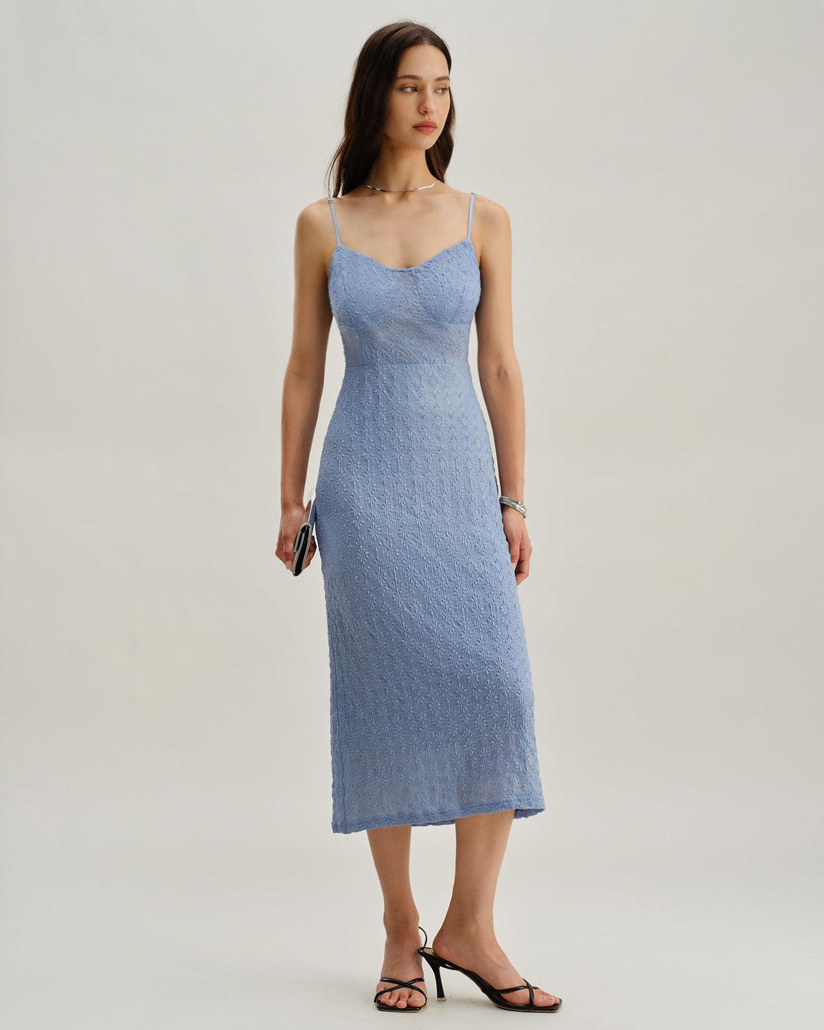 Blue Lace Slip Bodycon Midi Dress Product Image