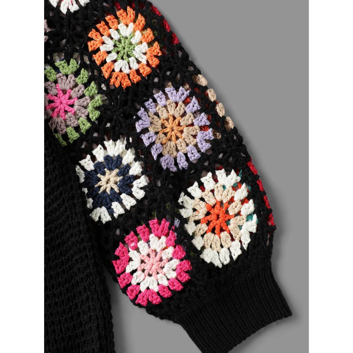 Plus Size Crochet Floral Drop Shoulder Cut Out Cardigan Black Women Resort Loose Long Sleeve Vacation Cardigans BloomChic 12/L Product Image