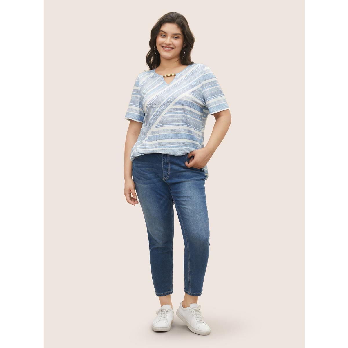 Plus Size Striped Bead Chain Cut Out T-shirt Blue Women Casual Notched collar Everyday T-shirts BloomChic 26/4X Product Image