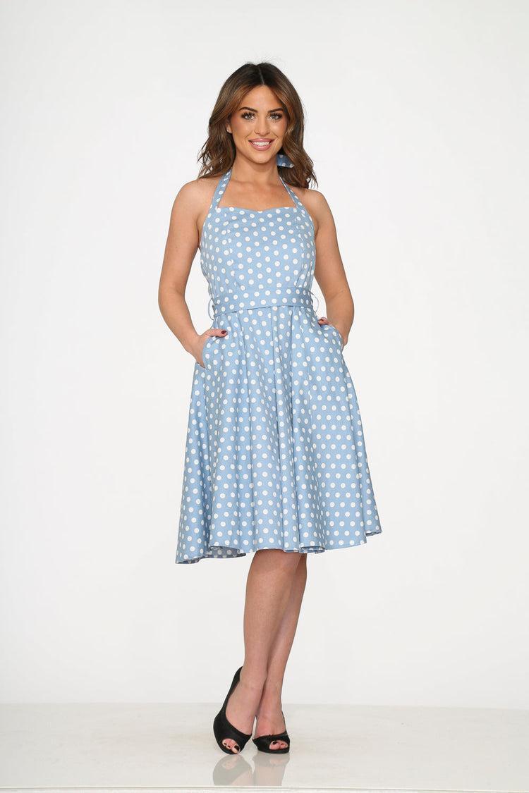 Light Blue & White Polka Dot Swing Dress Product Image