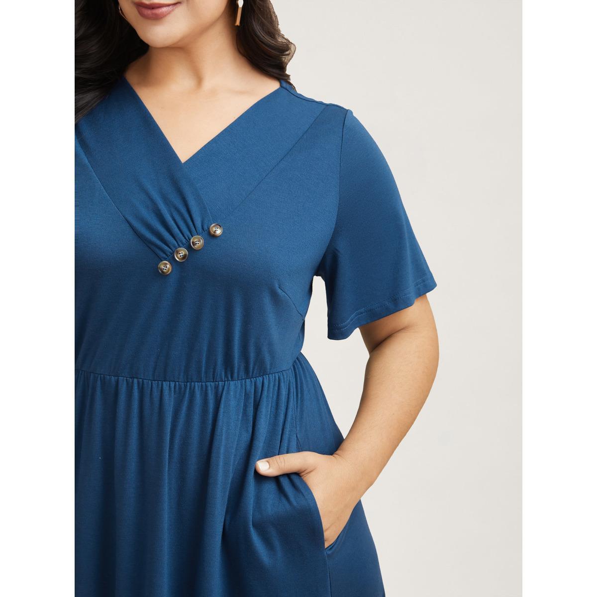 Plus Size Button Detail Pleated Pockets Midi Dress Mediumblue Women Casual Gathered V-neck Short sleeve Curvy BloomChic 30/6X Product Image