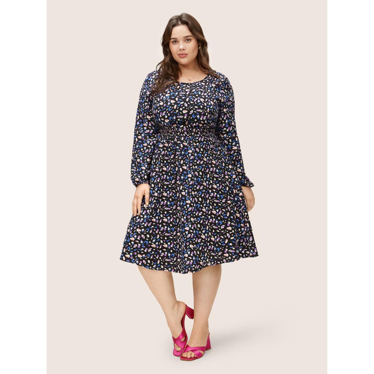 Plus Size Colored Leopard Print Elastic Cuffs Shirred Dress Black Women Elegant Non Round Neck Long Sleeve Curvy Knee Dress BloomChic 28/5X Product Image