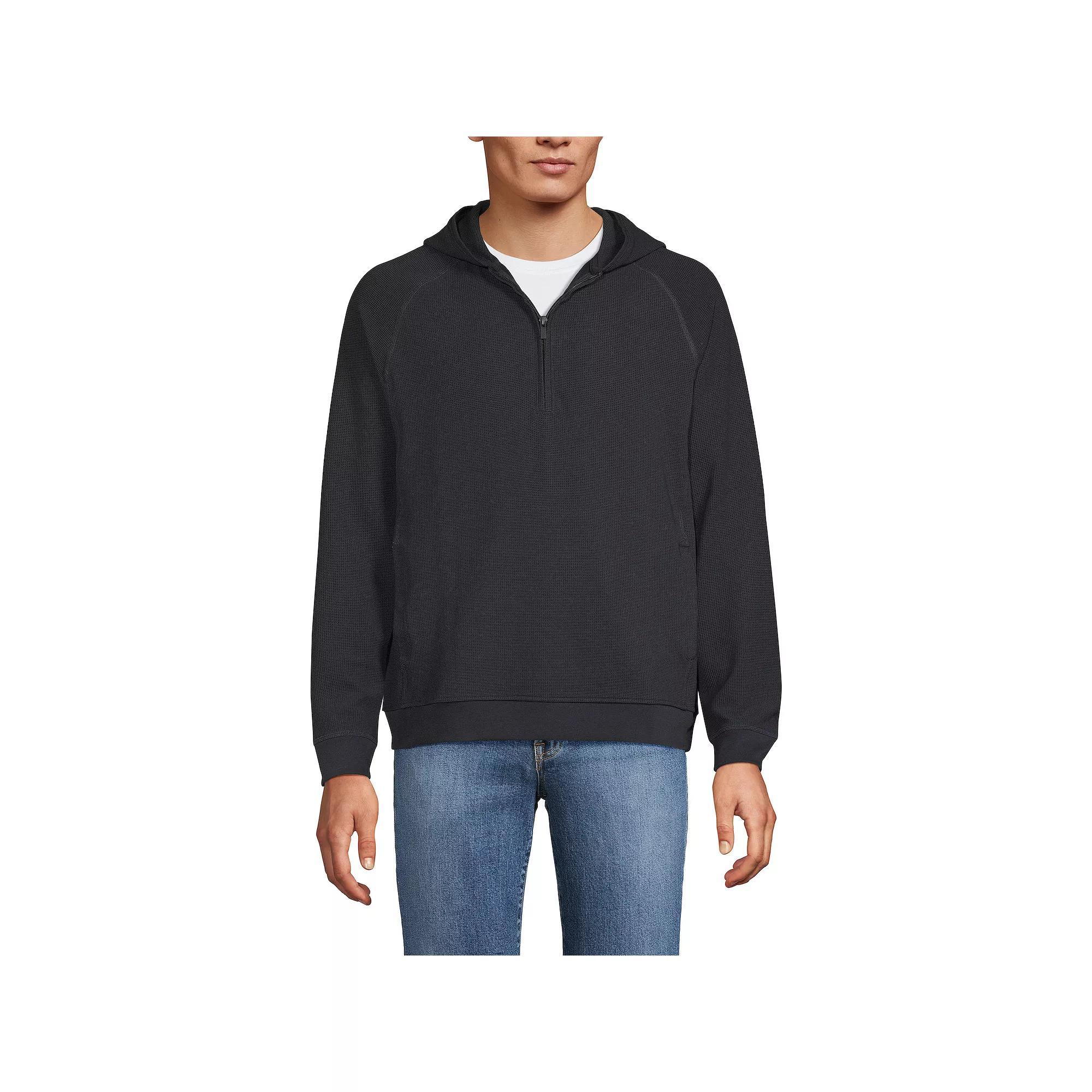 Men's Lands' End Long Sleeve Waffle Quarter Zip Hoodie, Size: Large, Black Slate Product Image